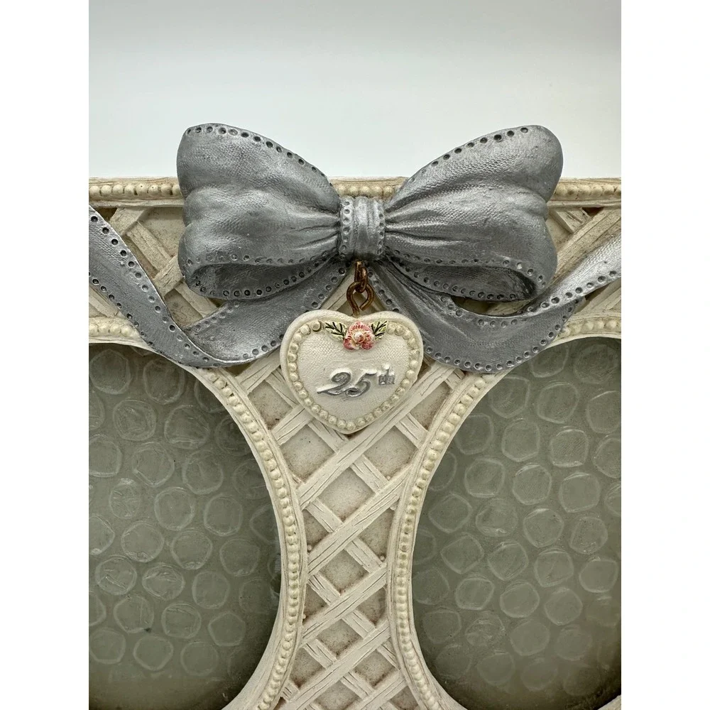 Figi Graphics Double Photo Frame 25th Anniversary Wedding Vintage Silver 8.5x6.5